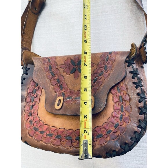 Vintage Mexican Leather Bag SIOUX Tooled Floral Boho Hippie Shoulder Crossbody - Picture 9 of 12